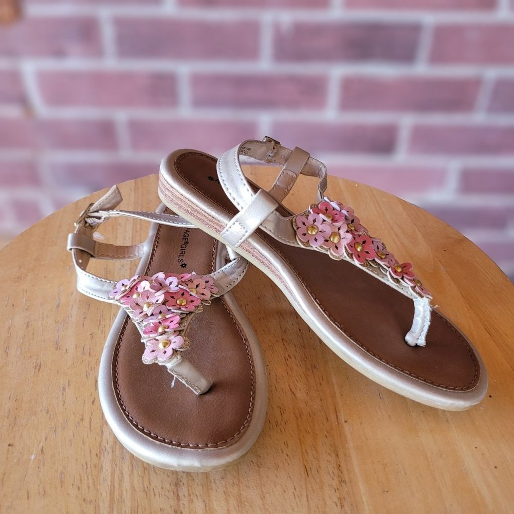 Rampage Girls Metallic Gold Floral T-Strap Sandals Girls Size 12